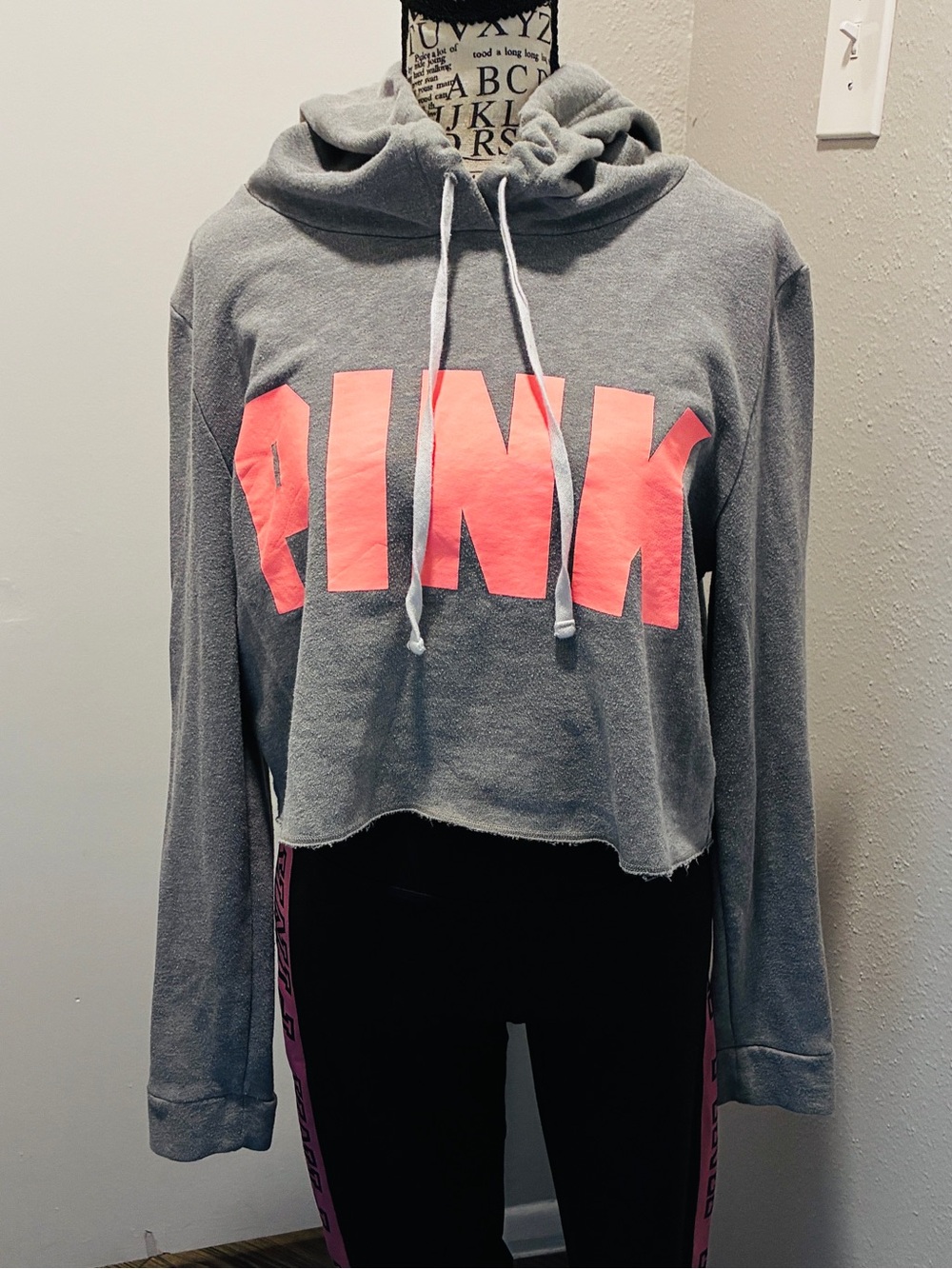 Victoria's Secret PINK Cropped Slouchy Pullover Hoodie in heather gray &Hot PINK
